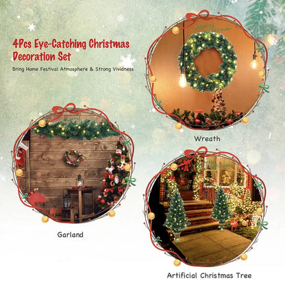 Holiday Garland Set  Pre-Lit 4-Piece Christmas Decor Collection for Mantel or Doorway