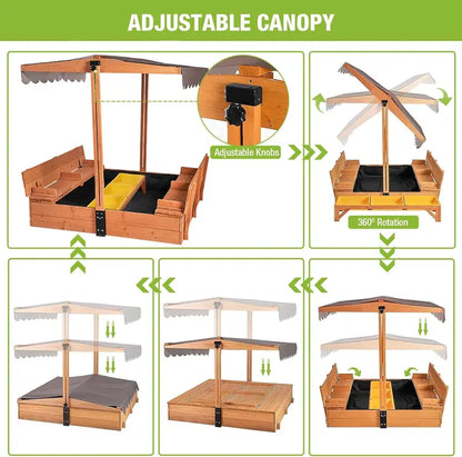 Wooden Outdoor Sandbox with Retractable Canopy  47″ x 47″ Sandpit Featuring Two Foldable Benches & Protective Liner
