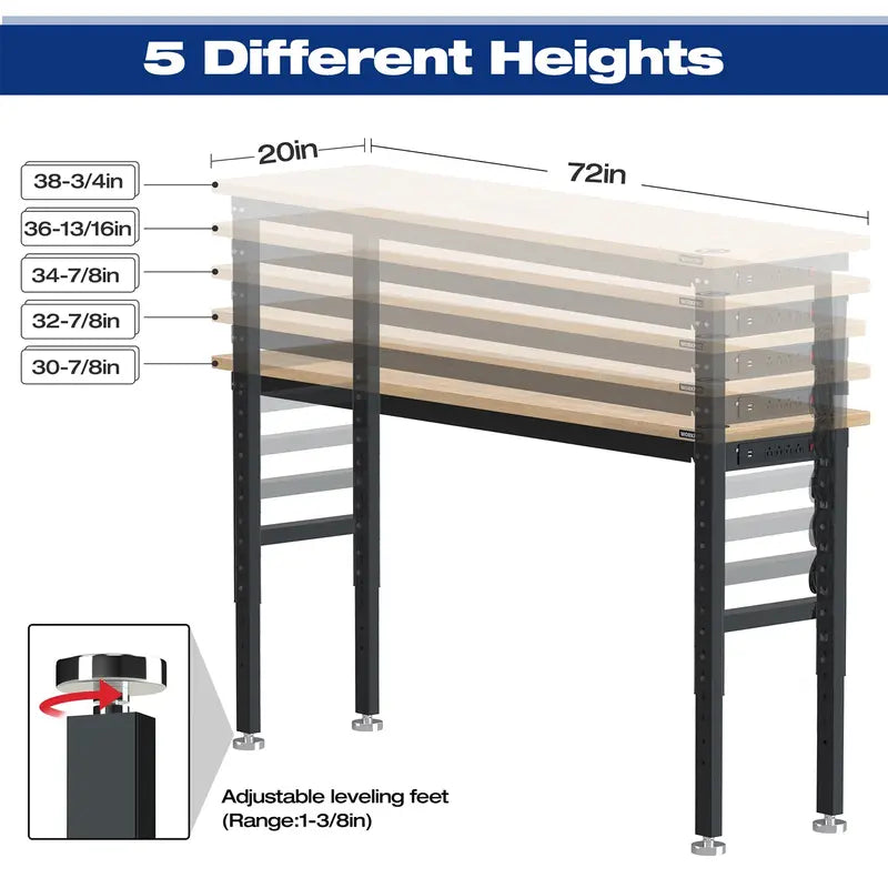 WORKPRO 72-Inch Heavy-Duty Adjustable Workbench  3000lb Load Capacity with Built-in Power Outlets