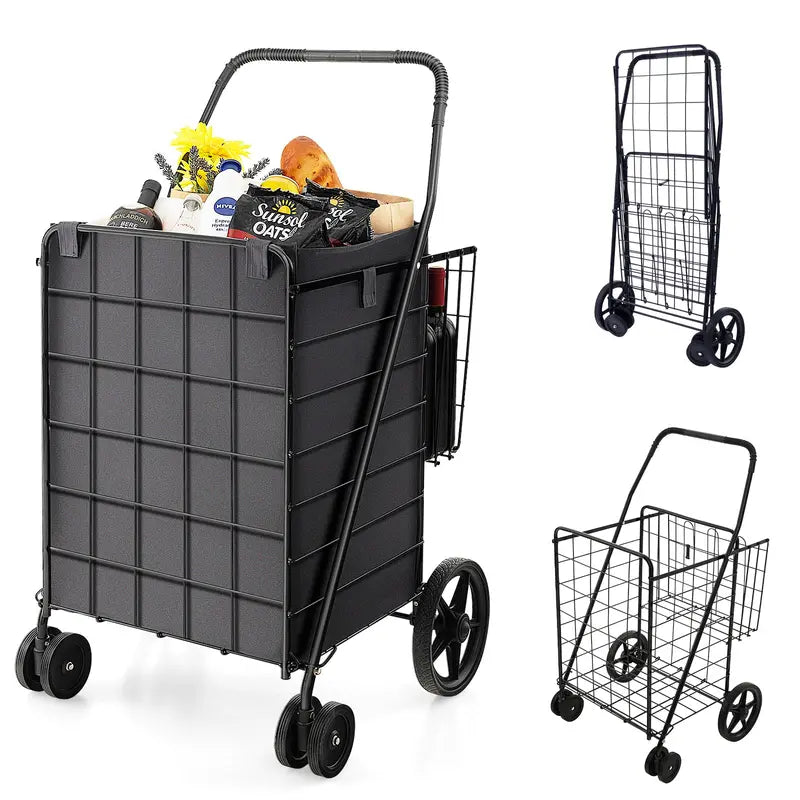 Heavy-Duty Folding Grocery Cart  330-LB Capacity, Dual Baskets, and 360° Swivel Wheels