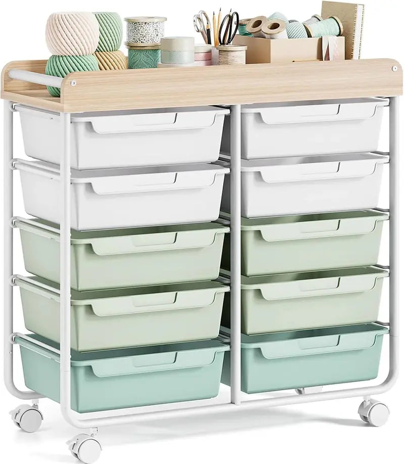 10-Drawer Rolling Craft Cart  Wooden Top Utility Organizer with Casters for Home, Office, or Classroom