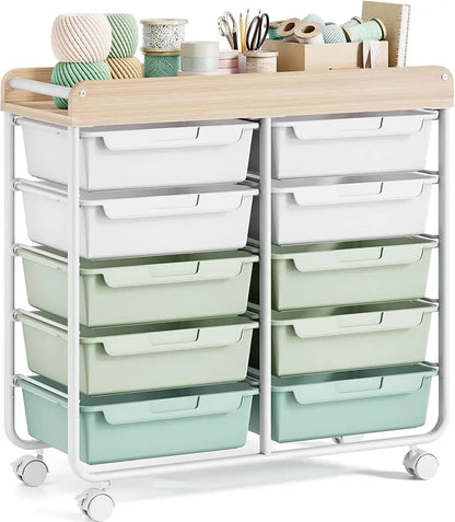 10-Drawer Rolling Craft Cart  Wooden Top Utility Organizer with Casters for Home, Office, or Classroom