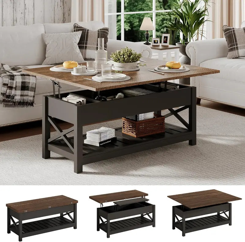 Convertible Coffee Table with Hidden Compartment  Transforms into a Dining Table in White and Brown Finishes