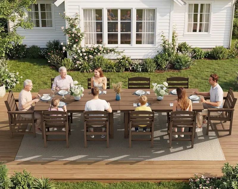 SERWALL 7-Piece Blue HDPE Outdoor Dining Set with Umbrella Hole and Stackable Chairs