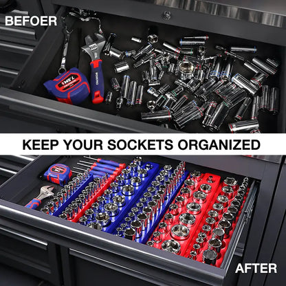 WORKPRO Magnetic Socket Organizer  6-Piece Tray System for 1/4″, 3/8″, and 1/2″ Drives, Holds 141 Standard Sizes