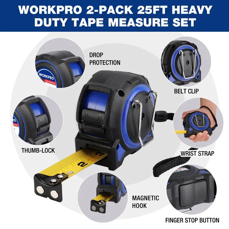 WORKPRO 16-Foot Heavy-Duty Retractable Tape Measure (2-Pack)  Magnetic Hook & Belt Clip