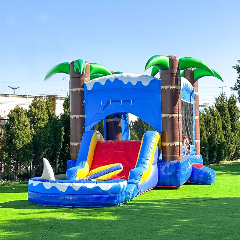 HeroKiddo Ocean Shark Inflatable Bounce House Water Slide Combo for Kids and Adults (with Splash Pool and Blower), Commercial Grade, Backyard Water Park, Wet Dry Use