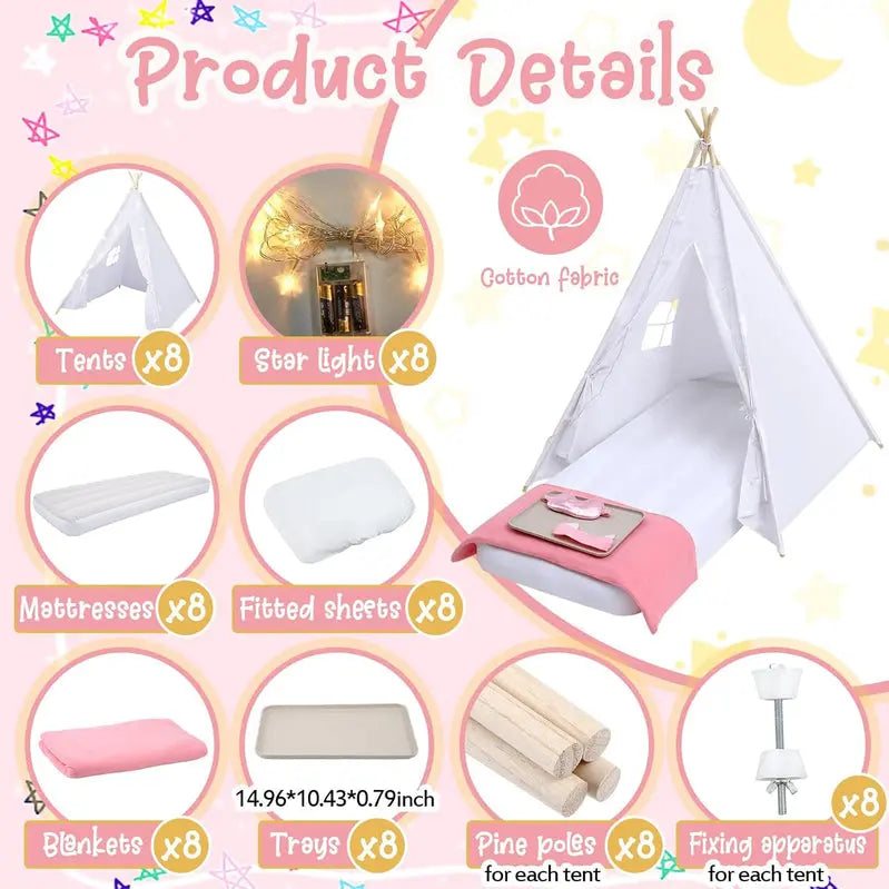 Windyun 8-Piece Kids Teepee Tent Set  Portable White Play Tent for Sleepovers, Parties & Indoor Camping