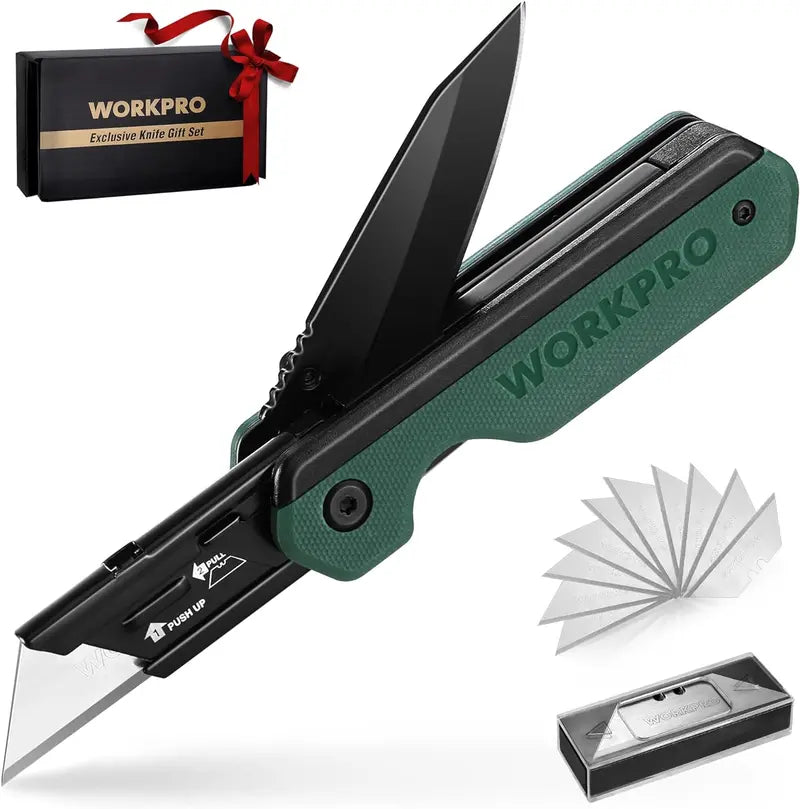 WORKPRO 2-in-1 Folding Utility Knife  Quick-Change Box Cutter with G10 Handle & 10 Blades