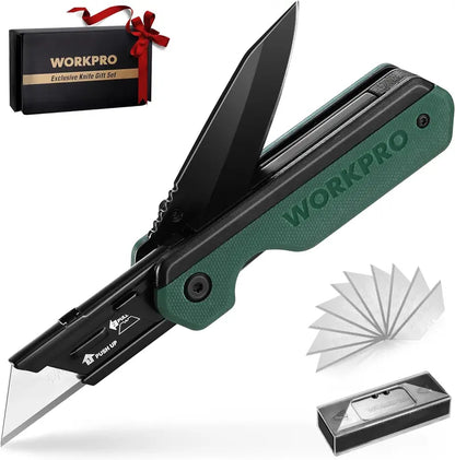 WORKPRO 2-in-1 Folding Utility Knife  Quick-Change Box Cutter with G10 Handle & 10 Blades