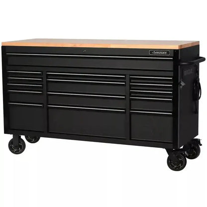 Premium 61″ Workshop Workbench  Heavy-Duty 15-Drawer Mobile Unit Featuring Solid Wood Worktop