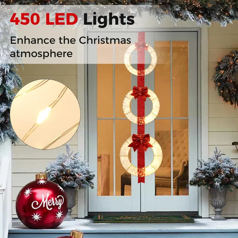 Set of Three 5.8-Foot Lighted Holiday Wreaths with 450 LEDs and Elegant Red Ribbon Accents