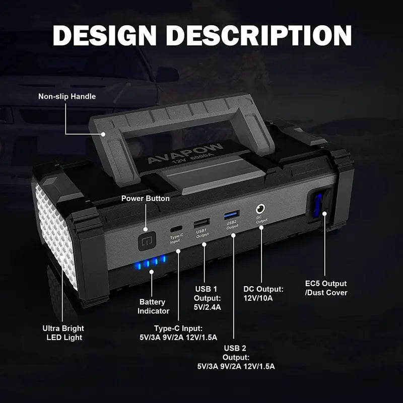 AVAPOW 6000A Car Jump Starter, Dual USB Quick Charge, LED Light, 12V for Gas & Diesel Engines