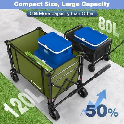 Collapsible 220lb Wagon Cart, 120L Foldable with Wheels for Groceries, Beach, Garden, Camping  Green