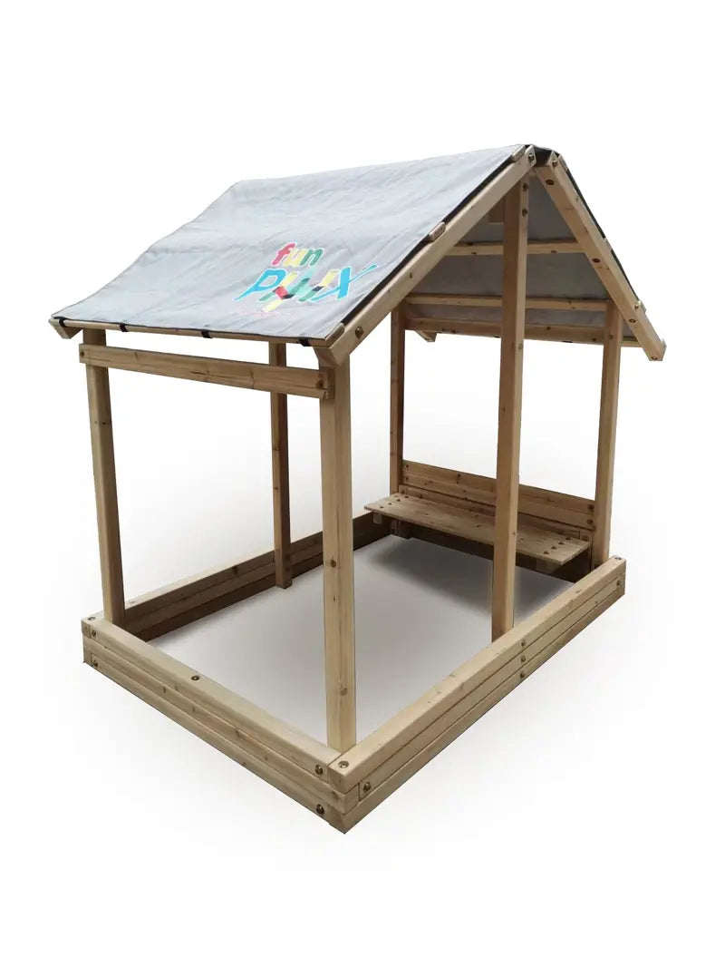 Funphix Dig n’ Play Wooden Sandbox Playhouse with Bench and Flower Planter, Outdoor Sand Pit for Kids