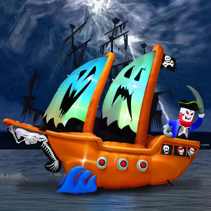 10-Foot Inflatable Pirate Ship Yard Decoration  Spooky Halloween Theme with Illuminated Details