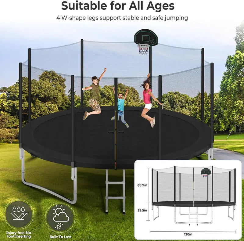 16-Foot Upgraded Trampoline with Enclosure Net and Adjustable Basketball Hoop