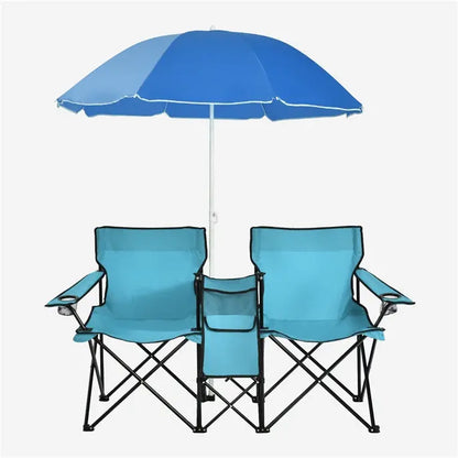 Compact Double Picnic Chair Set with Umbrella, Mini Table, Beverage Holders & Carry Bag