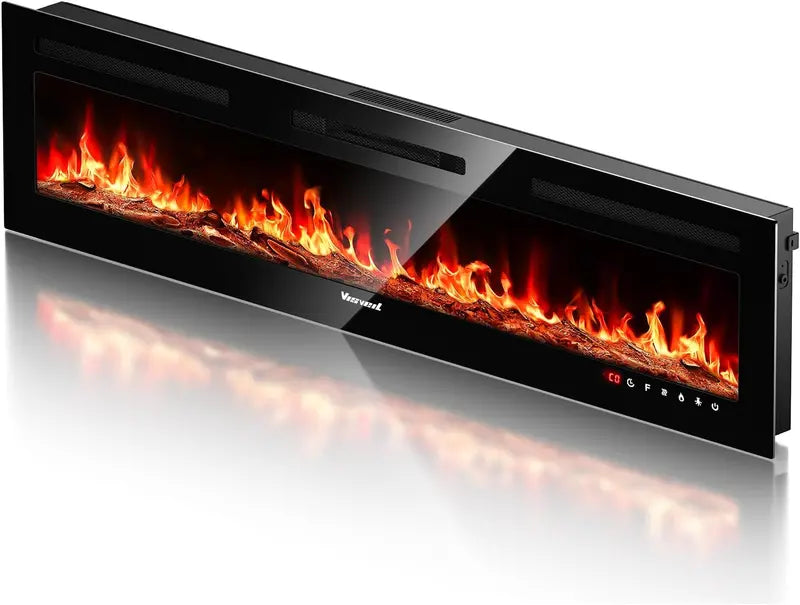 60-Inch Wall-Mounted Electric Fireplace  Realistic Flame Effect Heater with Touchscreen, Remote, Timer & Log/Crystal Media, 7501500W Output