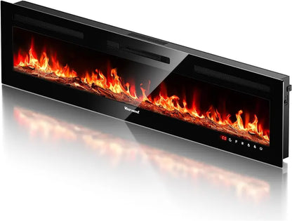 60-Inch Wall-Mounted Electric Fireplace  Realistic Flame Effect Heater with Touchscreen, Remote, Timer & Log/Crystal Media, 7501500W Output