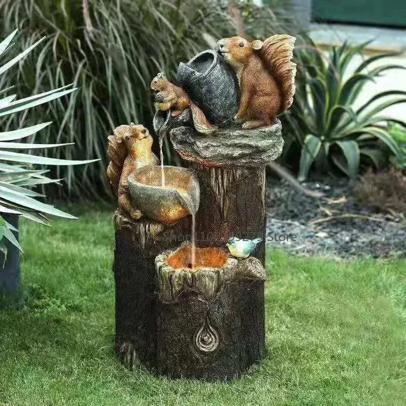 Lunaverde Solar-Powered Garden Fountain Statue  Duck & Squirrel Design with Warm LED Glow, Weatherproof Resin for Patio or Balcony