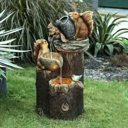 Lunaverde Solar-Powered Garden Fountain Statue  Duck & Squirrel Design with Warm LED Glow, Weatherproof Resin for Patio or Balcony