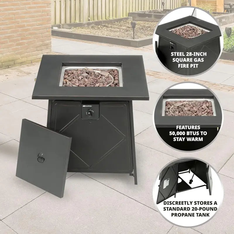 Four Seasons Dual-Heat Gas Fire Pit  50,000 BTU Square Patio Fire Table