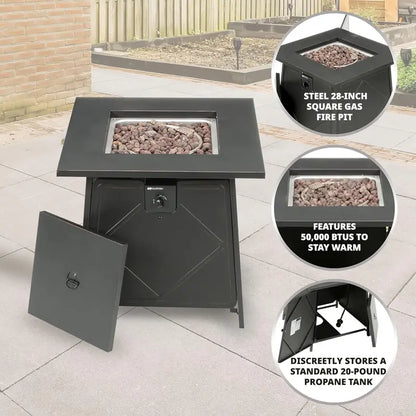 Four Seasons Dual-Heat Gas Fire Pit  50,000 BTU Square Patio Fire Table