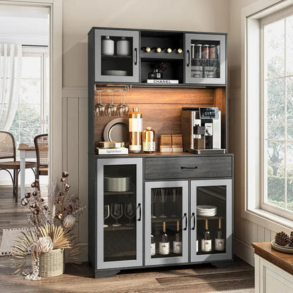 71″ Tall Kitchen Hutch Cabinet  Glass-Front Pantry Storage Unit with Open Shelving & Display Space