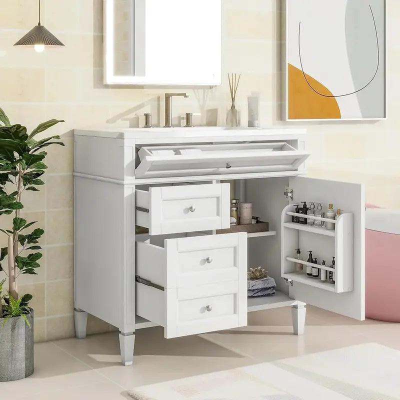 Modern 36-Inch Freestanding Bathroom Vanity with Single Undermount Sink, Soft-Close Drawers & Tip-Out Storage