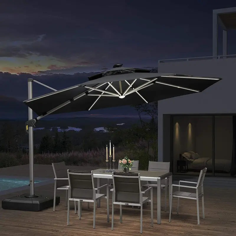 12-Foot Solar-Powered LED Cantilever Patio Umbrella  Wind-Resistant Round Outdoor Parasol with Built-in Lights