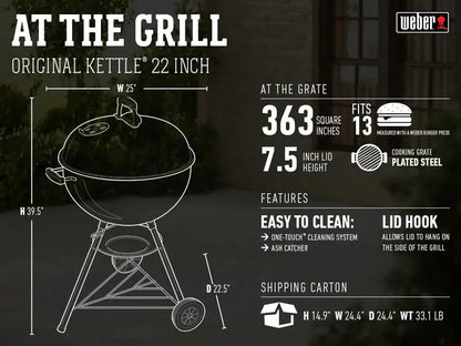 Weber Original Kettle 22-Inch Charcoal Grill — Iconic Dome Design, Durable Steel Construction, Classic Grilling Experience