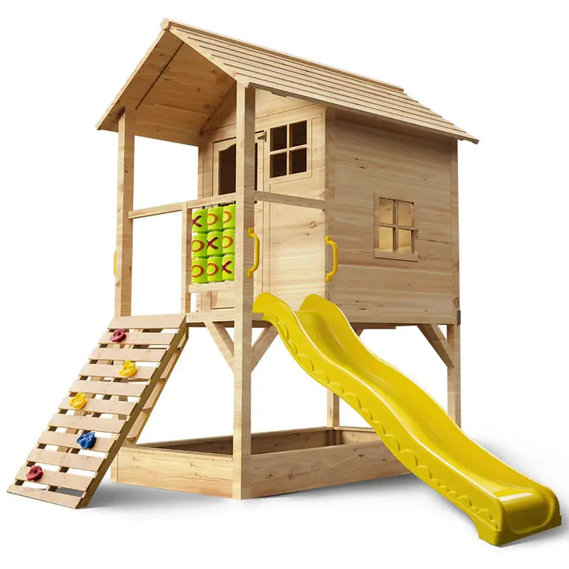 ROVO KIDS Wooden Tower Playhouse  Outdoor Cubby House with Slide, Climbing Wall & Sandpit