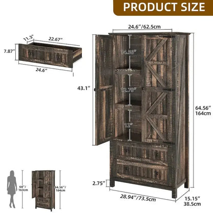 64″ Tall Farmhouse Kitchen Pantry Cabinet  Dual Drawers & Adjustable Shelving