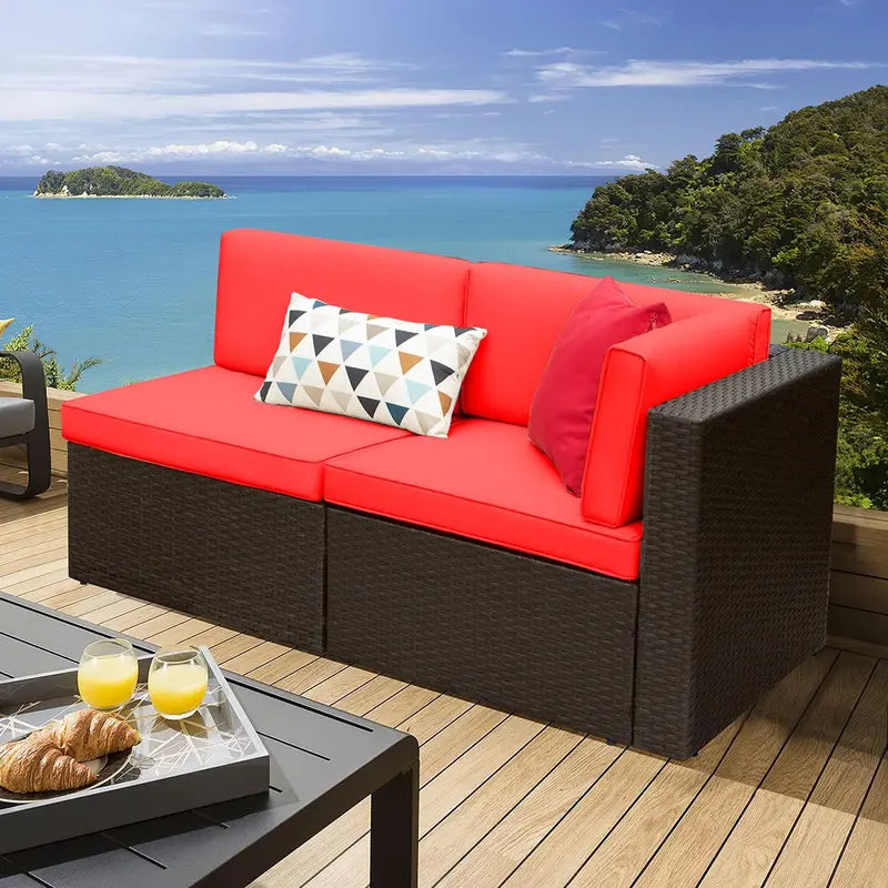 Devoko 5-Piece All-Weather Patio Sectional Set — Beige Wicker Rattan Sofa with Cushions and Tempered Glass Table