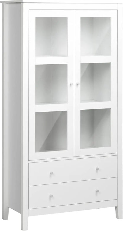 White Freestanding Buffet Cabinet with Soft-Close Glass Doors, Three-Tier Shelving, Two Drawers, and Farmhouse-Inspired Storage Solutions