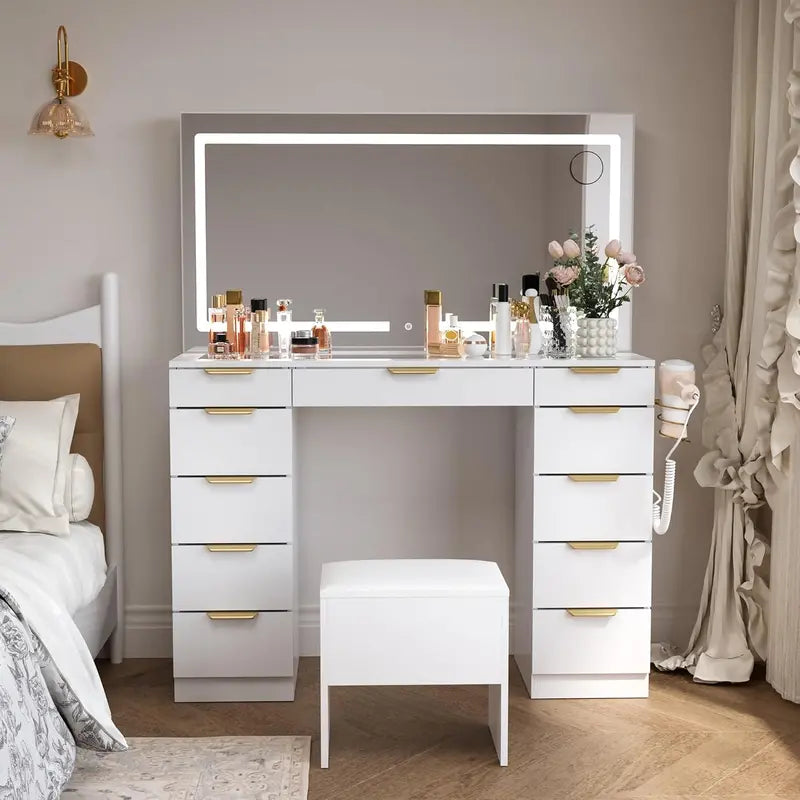 Glass-Top Vanity Desk with LED Mirror  11-Drawer Makeup Station, 3 Lighting Modes, Silent Soft-Close Slides, Built-in Power Outlet & Portable Mirror