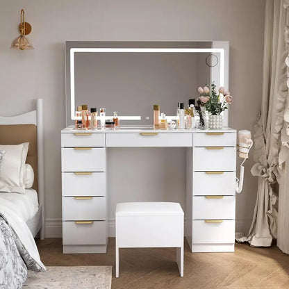 Glass-Top Vanity Desk with LED Mirror  11-Drawer Makeup Station, 3 Lighting Modes, Silent Soft-Close Slides, Built-in Power Outlet & Portable Mirror