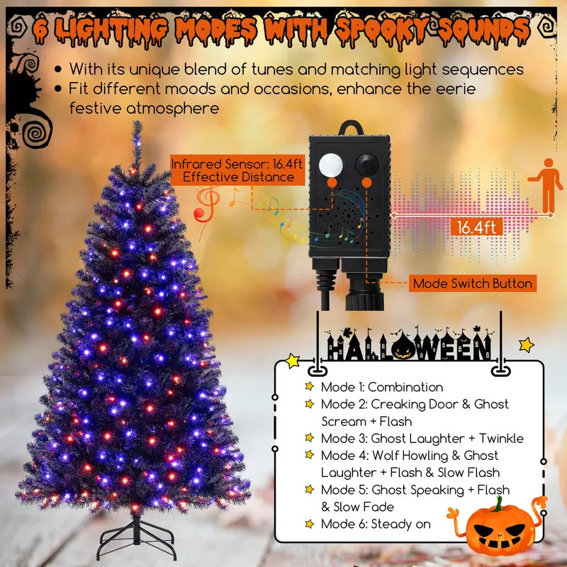 6-8 ft Black Pre-Lit Halloween Tree  Hinged Decorative Tree with 280500 Orange & Purple LED Lights