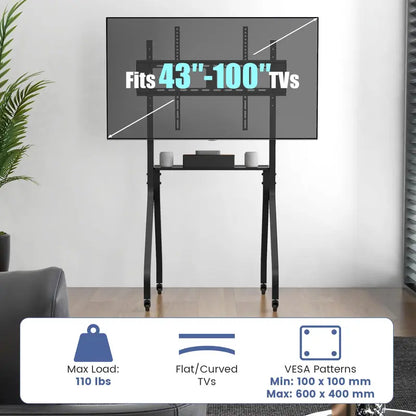 Mobile TV Stand on Casters  Adjustable Rolling Cart for 43″100″ Flat or Curved TVs (Up to 110 lbs), VESA 600×400 mm Compatible