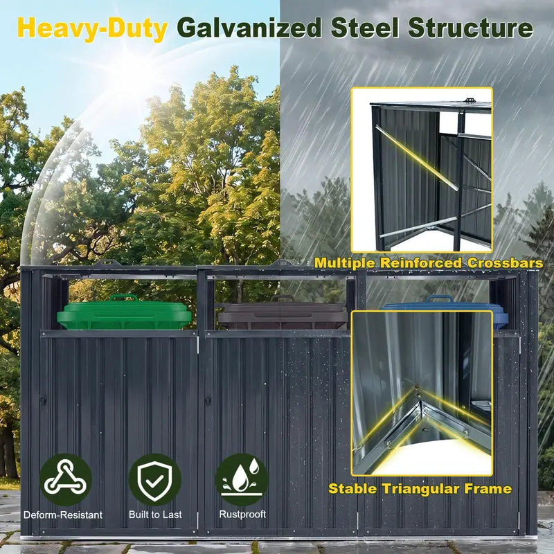 7.8 ft x 2.6 ft Triple-Bin Outdoor Trash Enclosure  Flip-Lid Metal Garbage Shed