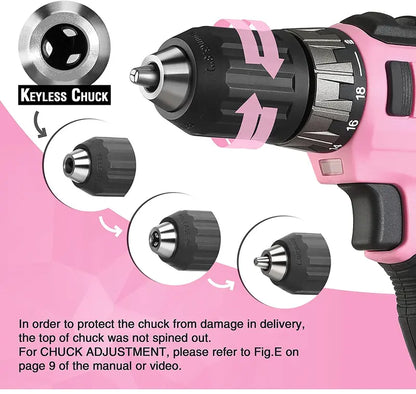 WORKPRO 20V Cordless Drill Driver  Pink Edition with Fast Charger & 11-Inch Carry Bag