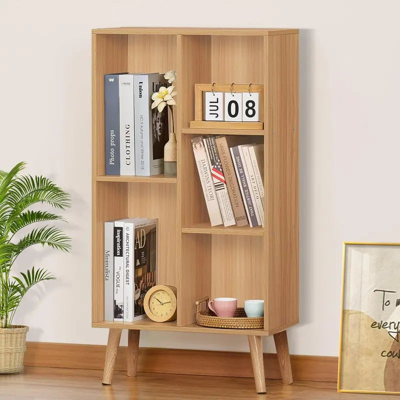 LEYAOYAO Natural Wood 7-Cube Bookshelf  Modern Open-Back Storage Unit with Solid Legs