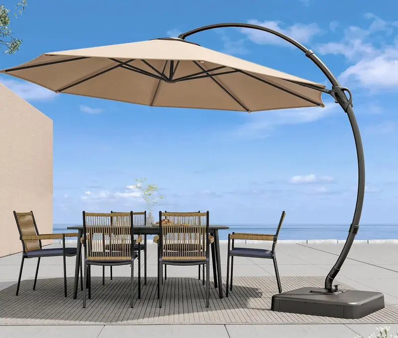 LAUSAINT HOME 11-Foot Cantilever Umbrella — Curvy Offset Design with 360° Rotation, Base Included, Beige Finish