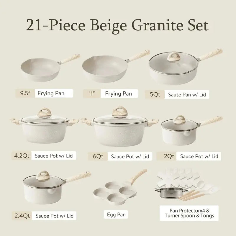 21-Piece Granite-Coated Nonstick Cookware Set  Induction-Compatible, Beige Finish