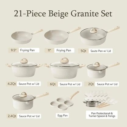 21-Piece Granite-Coated Nonstick Cookware Set  Induction-Compatible, Beige Finish