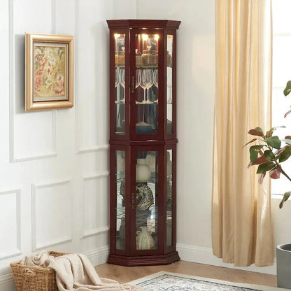 Corner Display Curio Cabinet  Tempered Glass Shelves, Mirrored Back, Built-in Lighting