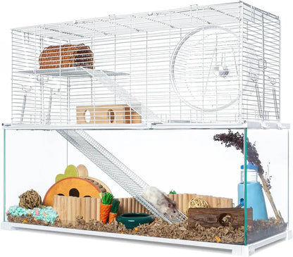 Large 3-Tier Hamster Habitat  Glass Base with Wire Topper, Ramps, Ladders & Waterproof Tray