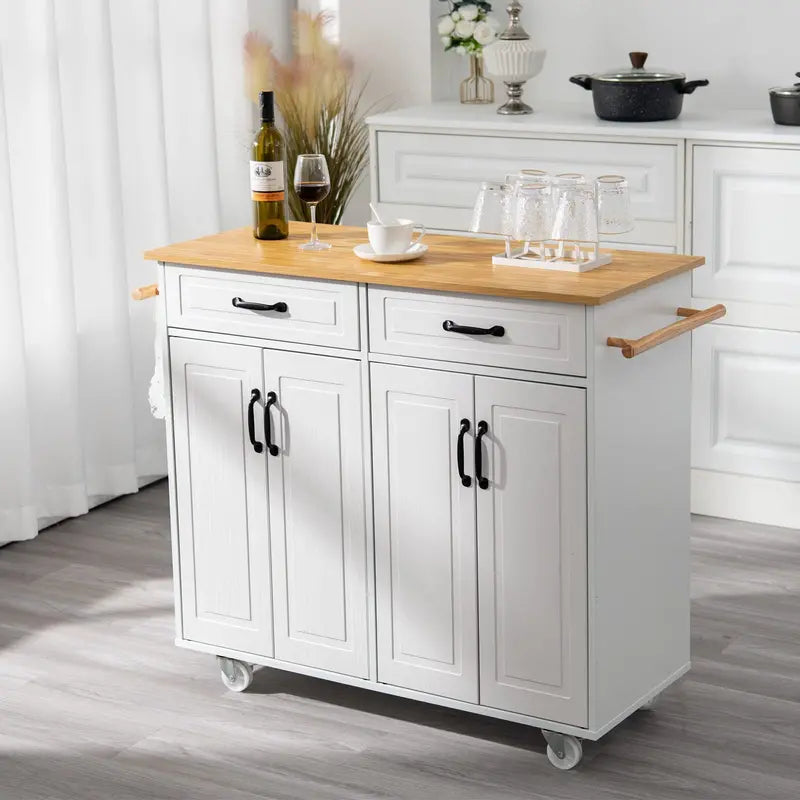 White Rolling Kitchen Island Cart with Storage — Wooden Countertop, 2 Drawers, 4 Cabinets, Towel Racks & Adjustable Shelves