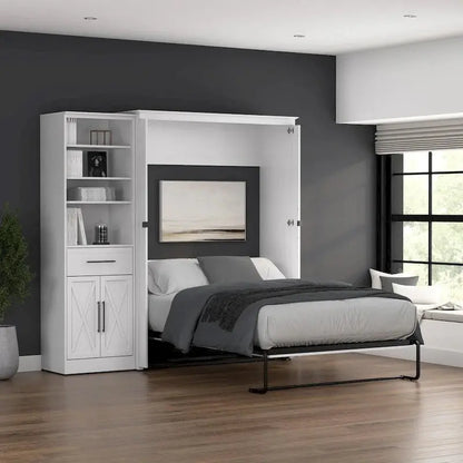 Key West Full Murphy Bed with Built-In Wardrobe  Bestar Space-Saving Wall Bed Unit (88″ Wide) with Closet Integration